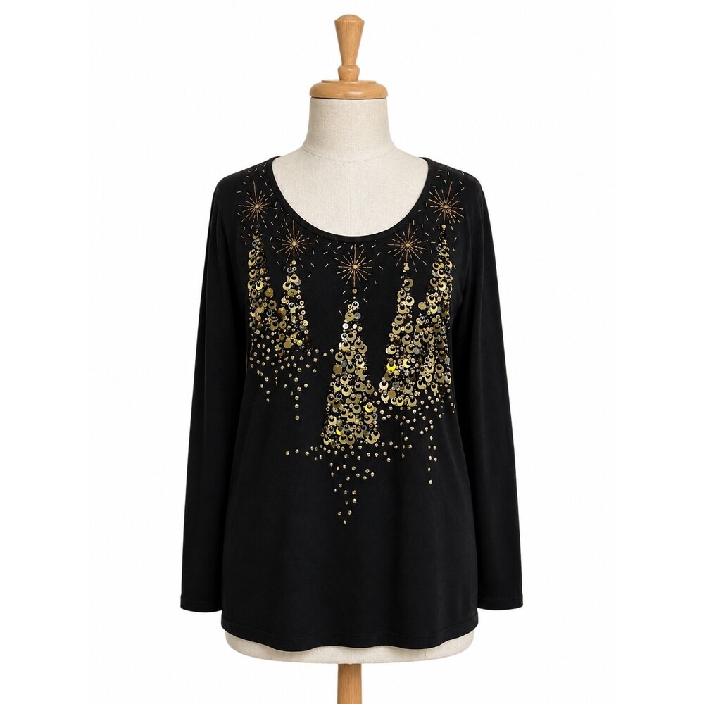 Berek Sweater Size 2XL Black Gold Sequins Christmas Trees Fireworks Beaded